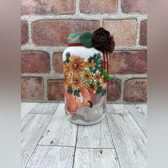 Hand painted fall sunflower and pumpkin jar - Picture 1 of 10